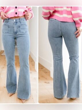 Judy Blue High Rise Medium Wash Flare Jeans with Front Patch Pockets